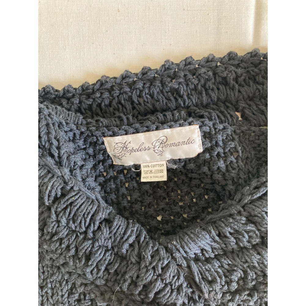 Hopeless Romantic Black Chunky Cotton Knit Cardigan Flower Buttons Collar Large - Picture 2 of 8